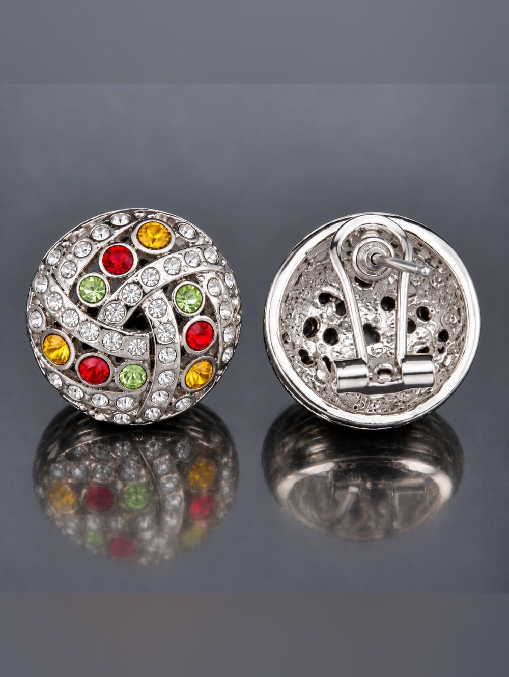 Crystal-Studded Multicolor Pierced Omega Back Earrings - Silver Tone